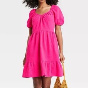 Vibrant Cotton Gauze Pink Puff Sleeve Dress - XS